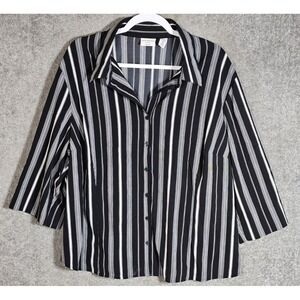 Covington Button Up Top Womens Size 3X Black White Striped Stretch 3/4 Sleeve